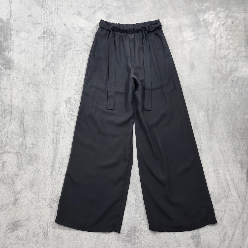 Vintage SAM Pants Womens L Black Sheer Pull On Wide Leg Tie Waist Formal Elegant